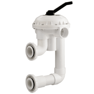 A white plastic Pentair 261050 2-Inch HiFlow Valve with Plumbing Replacement Pool/Spa D.E. and Sand Filter with a black handle.